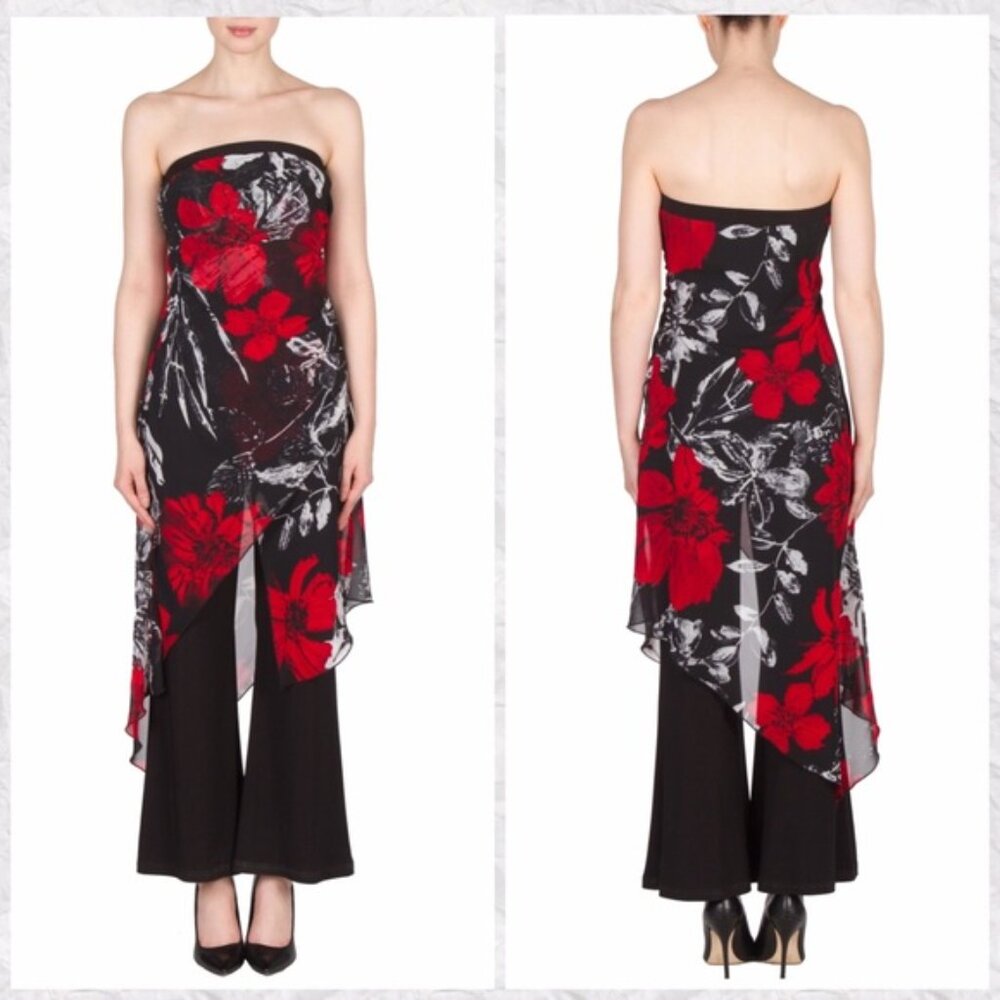 Joseph Ribkoff Floral Strapless Jumpsuit Wide Leg Pants 14 Asymmetric Black Red